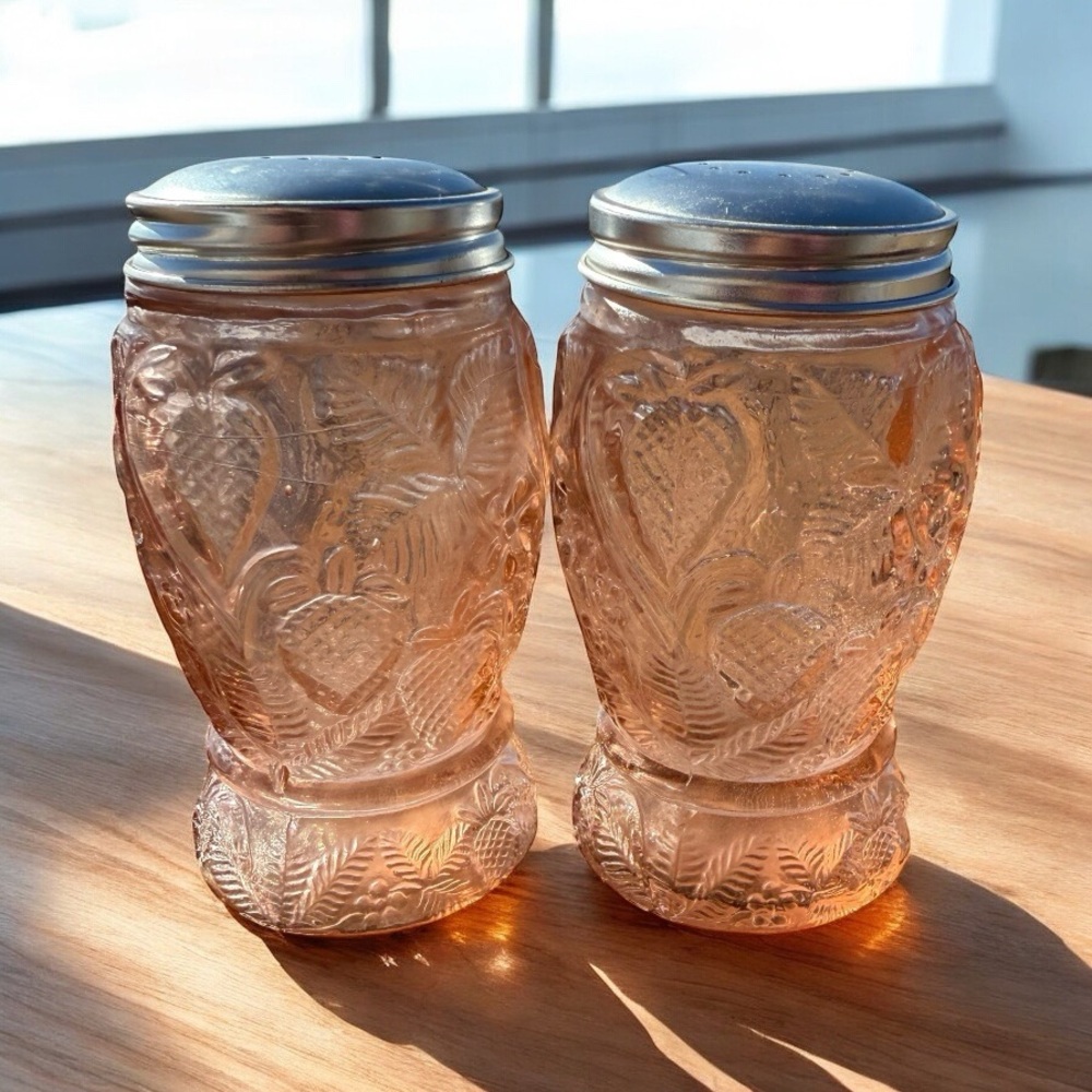 PINK DEPRESSION GLASS STRAWBERRY PATTERN SHAKERS WITH METAL LIDS